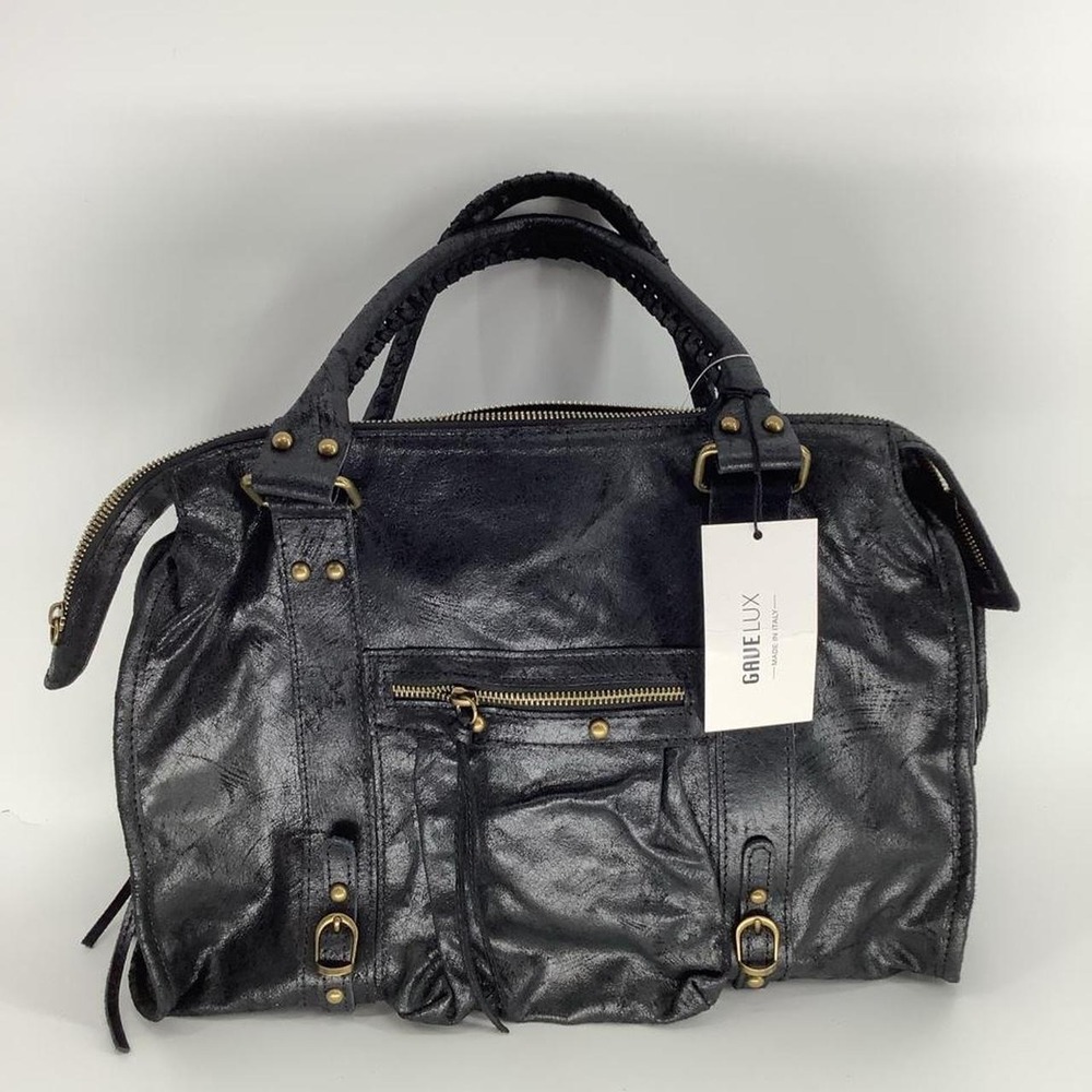 Gave Lux Black Leather Handbag Made in Italy Gold Hardware Textured Satchel NEW